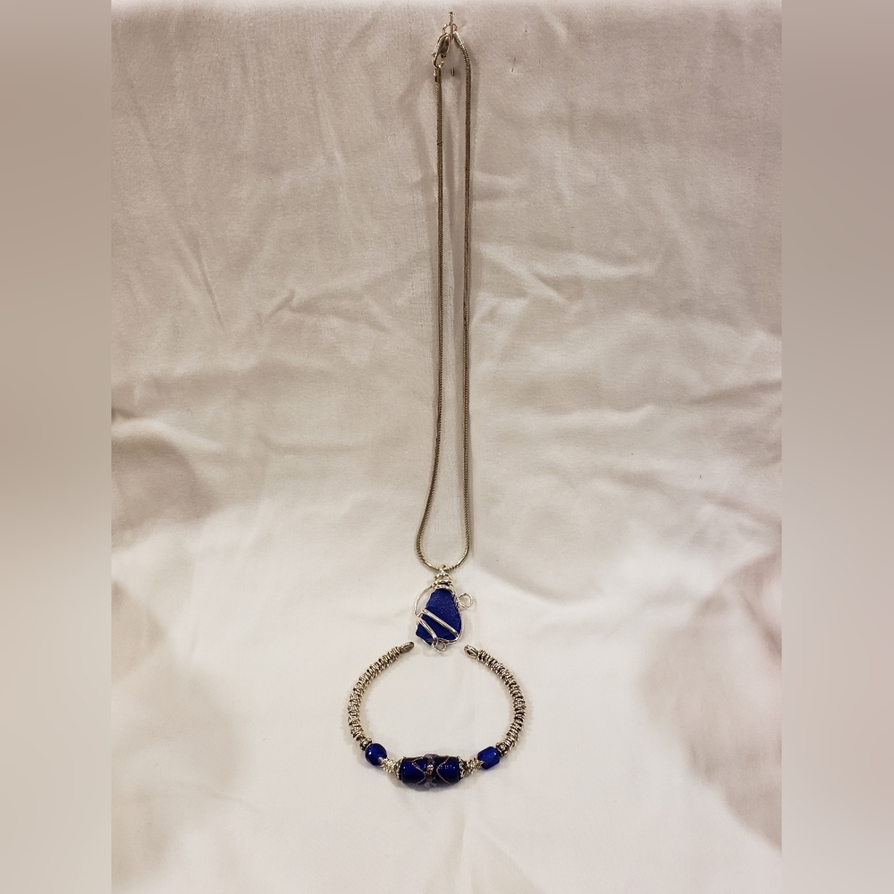 Handmade Artistic Deep Blue Sea Glass Pendant, Deep Blue Glass Beaded Bracelet